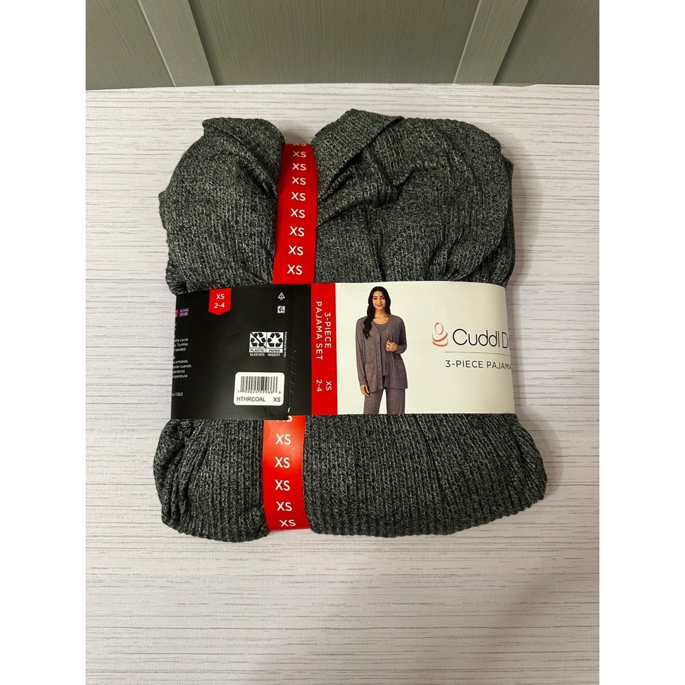 Cuddl Duds 3-Piece Pajama Set Heather Charcoal XS Cardigan Tank Pants Loungewear